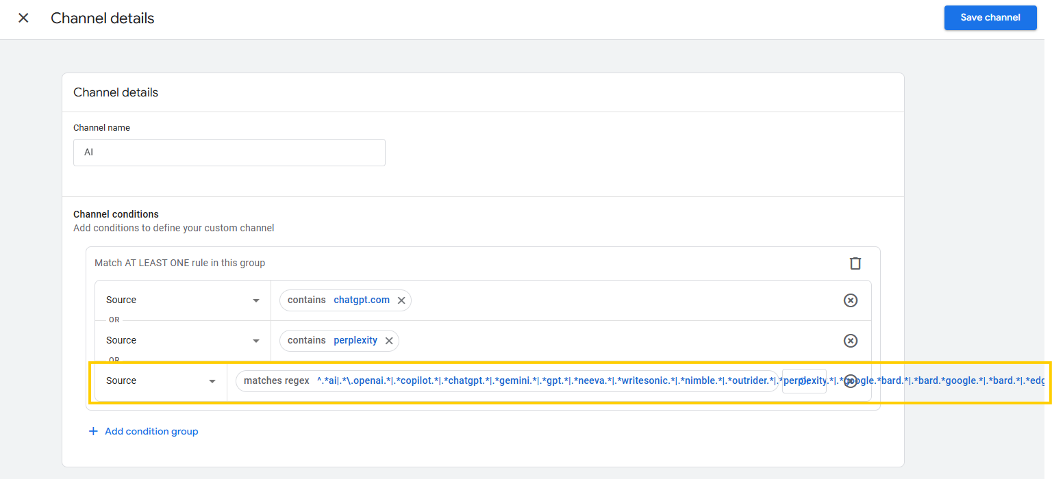 Setting up a custom channel group in GA4 admin