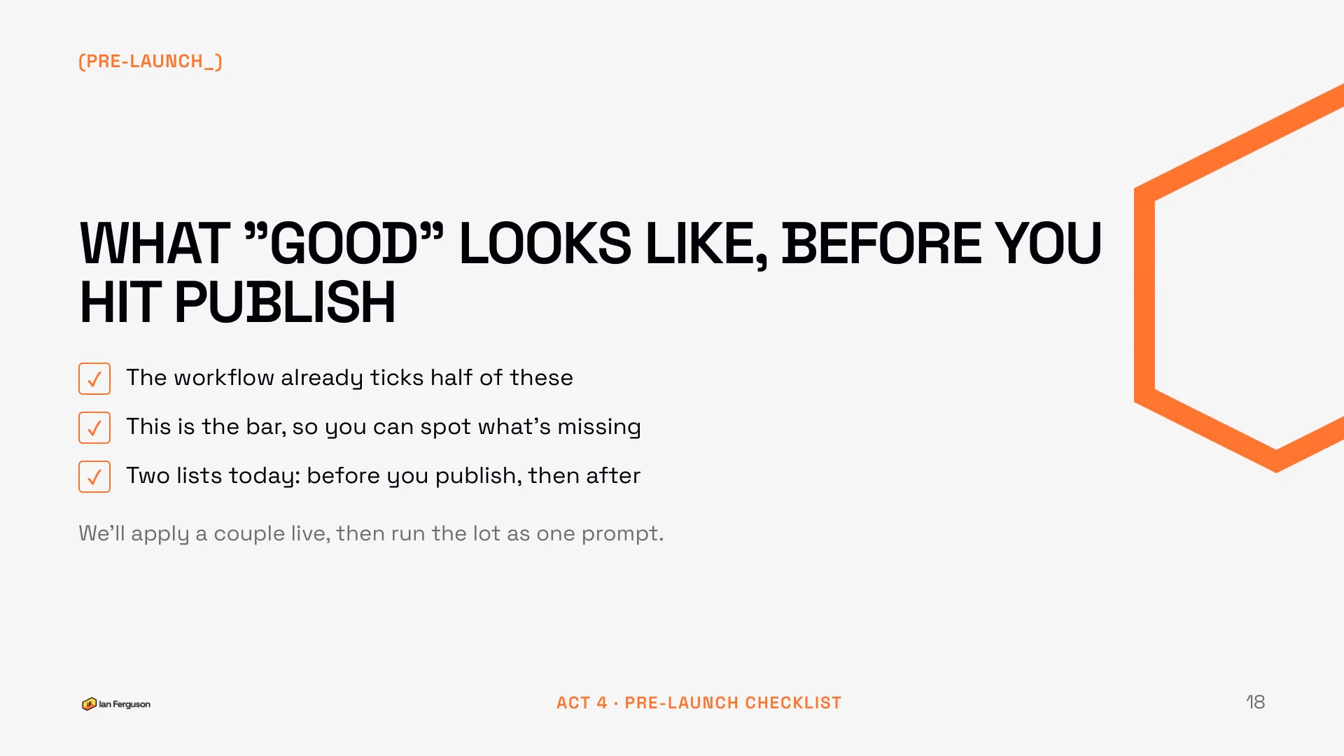 Slide 18 of 34: Pre-launch: what good looks like before you hit publish